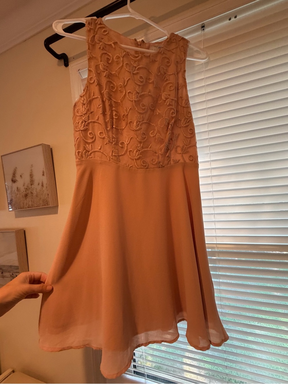 Blush Peach Sleeveless Lace Bodice Mini Dress